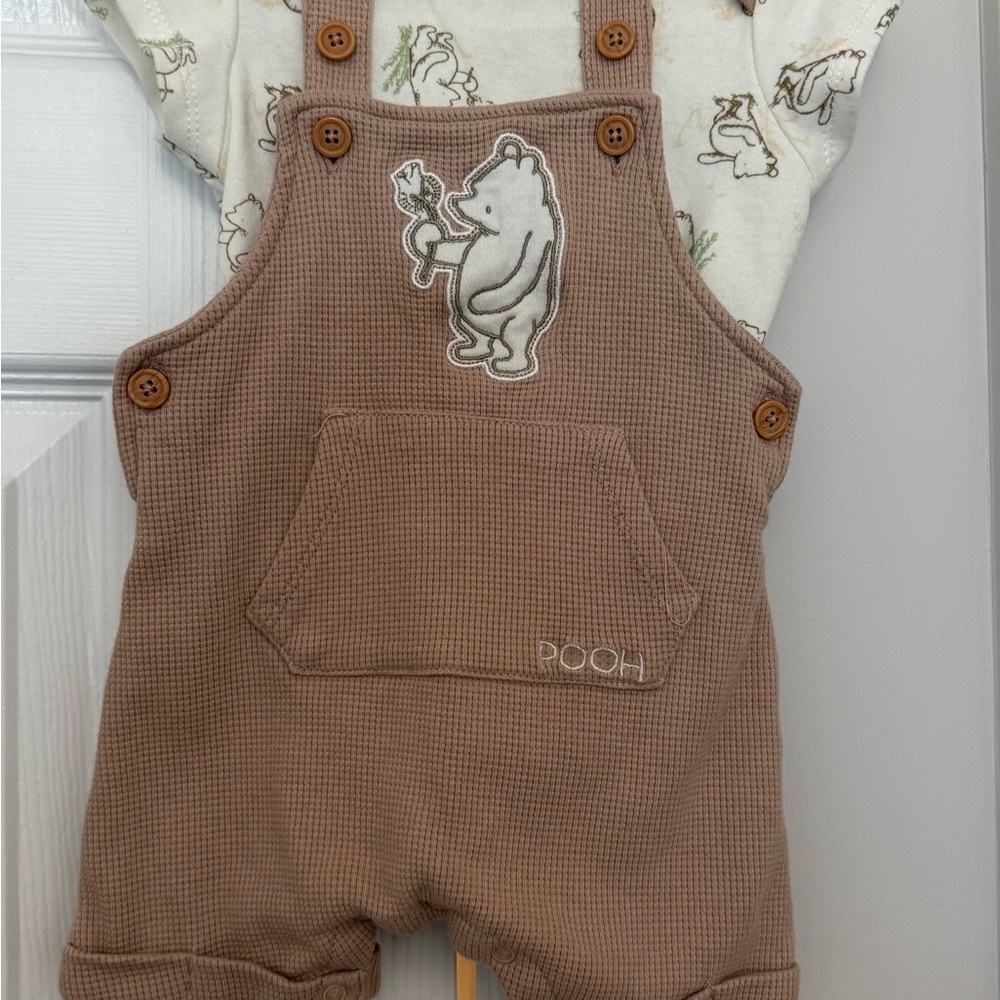 Disney Brown Waffle-Texture Pooh Overalls with Patch